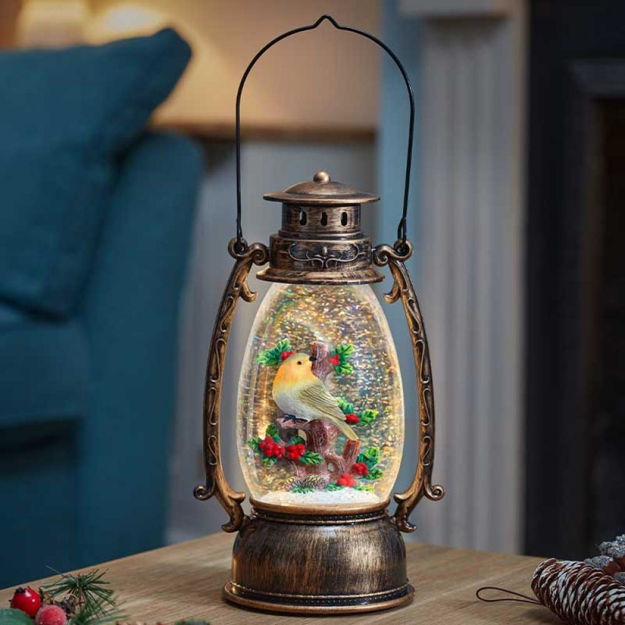 Picture of SNOW SWIRL FESTIVE ROBIN LANTERN